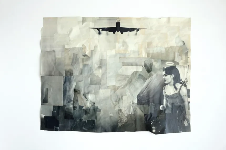 Målning i gråskala, flygplan och kvinna