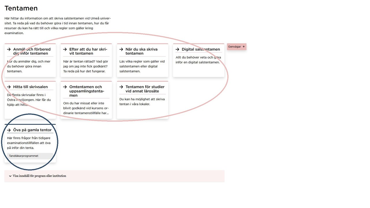 En webbsida med rutor som länkar vidare till undersida. En rosa markering ringar in den information som är gemensam för alla studenter. En blå markering ringar in information som gäller en specifik utbildning.