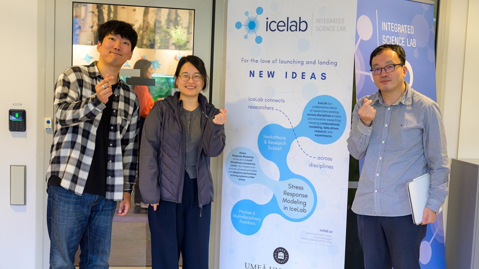 Three people stand and hold their fingers together around a banner advertising IceLab