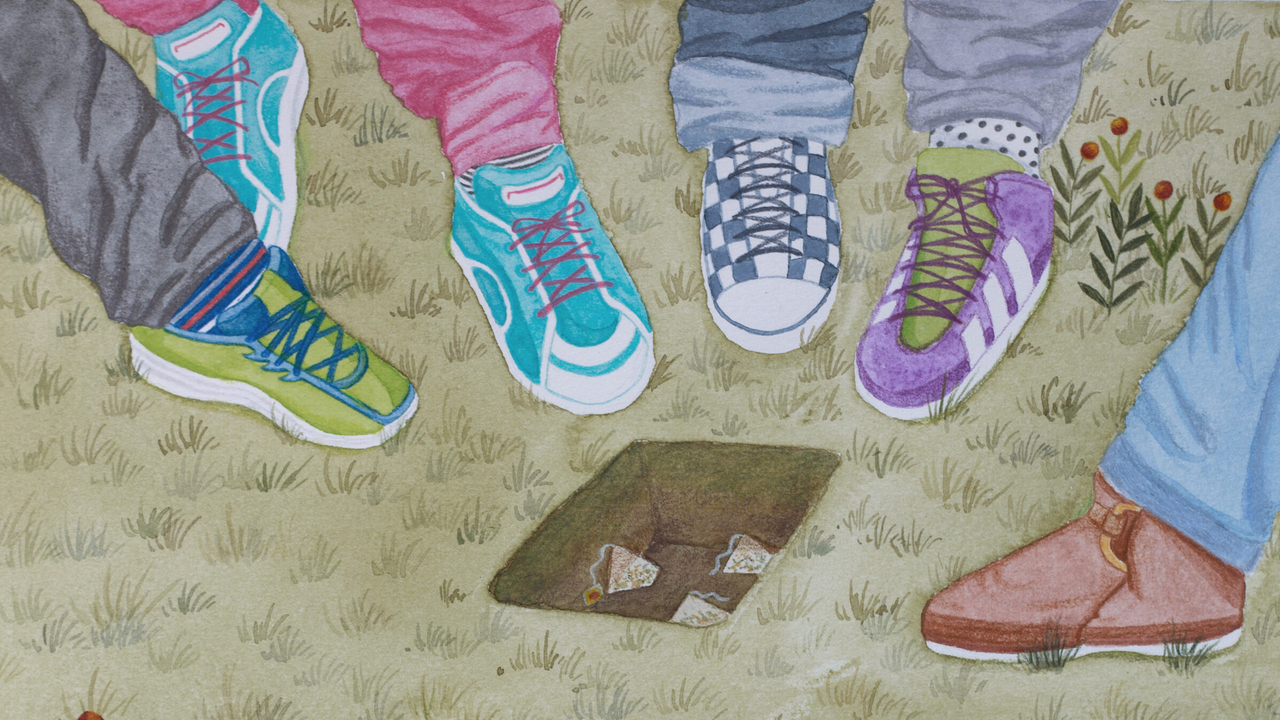 Drawing of gym shoes and pupils' legs pointing to a hole in the ground where tea bags are placed