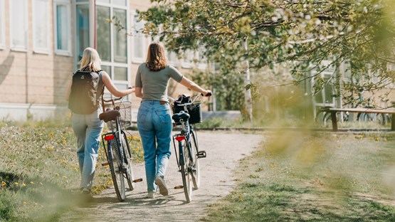 Studenter sitter ute i solen.