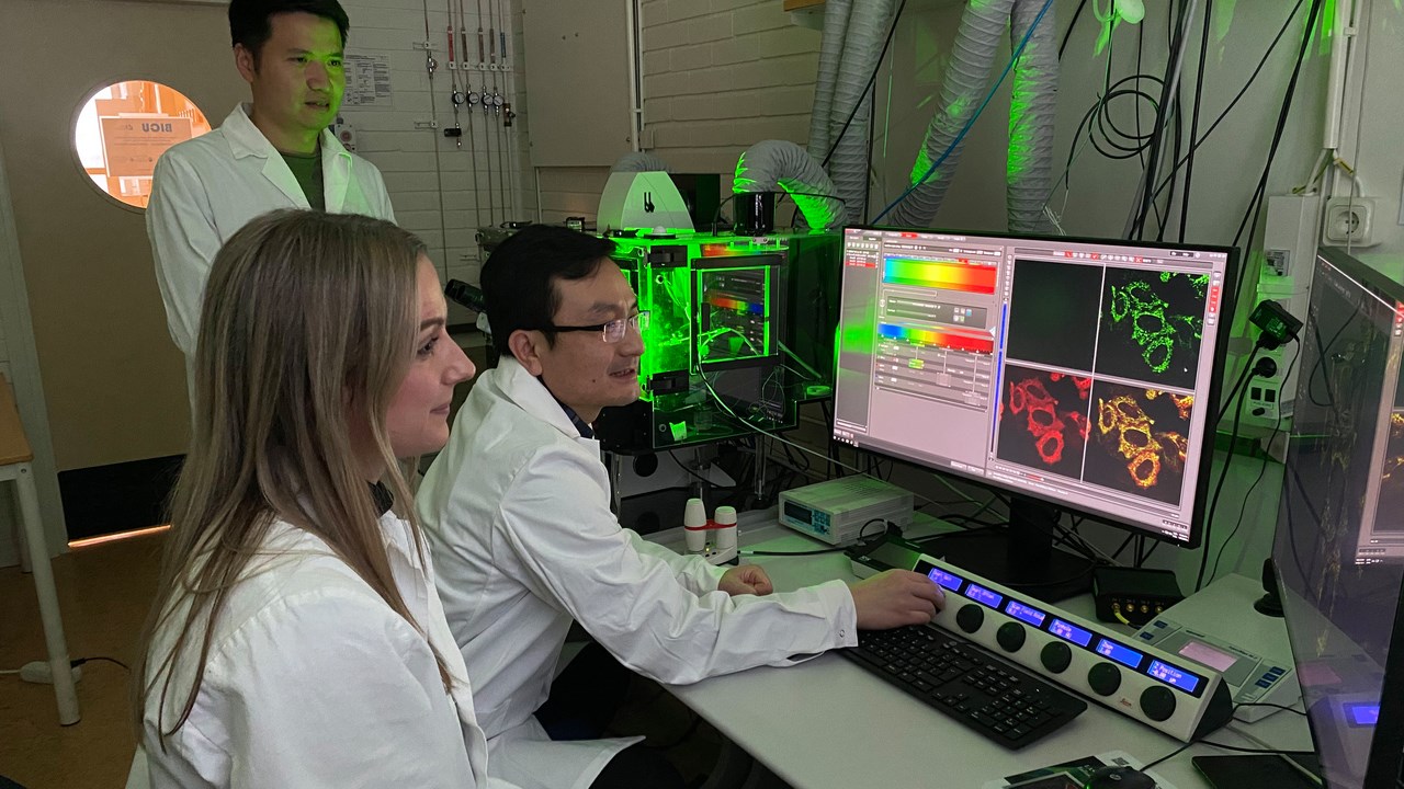 Jun Zhang, Laura Herzog, and Yaowen Wu in front of the computor.