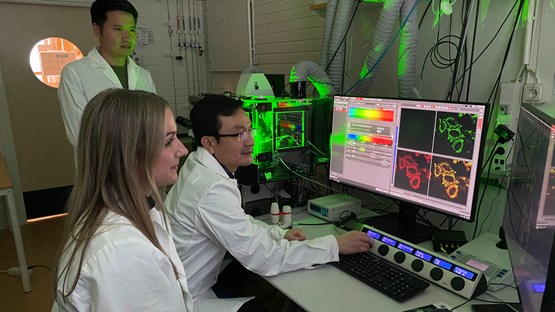 Jun Zhang, Laura Herzog, and Yaowen Wu in front of the computor.