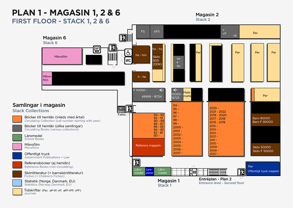 Karta över plan 1 på universitetsbiblioteket