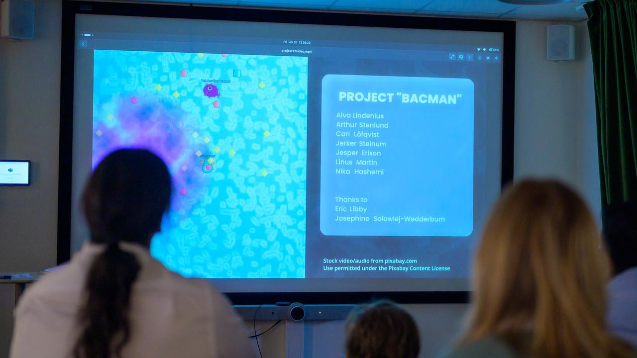 A group of people sitting in front of a projector screen.