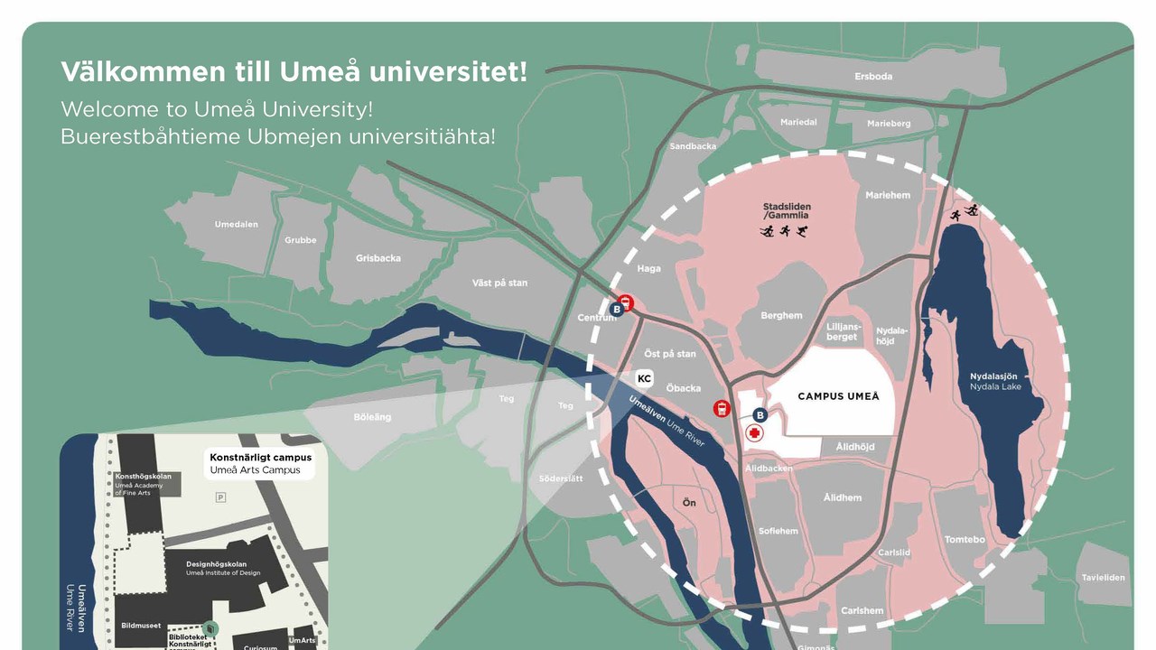 Karta över Umeå och Konstnärligt campus.