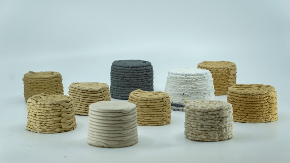 3D-printed material samples made from various industrial waste materials by Julio Diarte Almada in BioFormLab