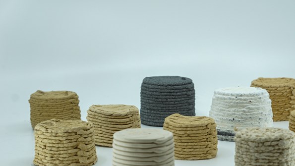 3D-printed material samples made from various industrial waste materials by Julio Diarte Almada in BioFormLab