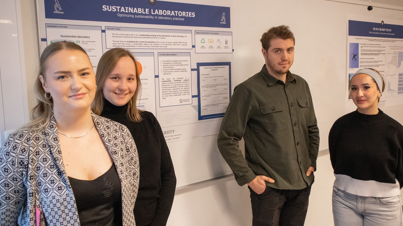 Bild på studenterna Julia Svedh, Paula Attenkirch, Felix Selin och Asma Selhami stående vid sin posterpresentation som satts upp på en vägg.