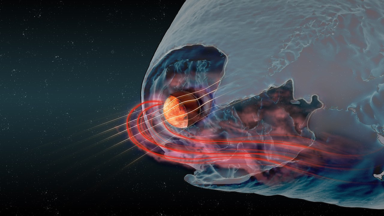 Illustration av hur planeten Mars samverkar med solvinden