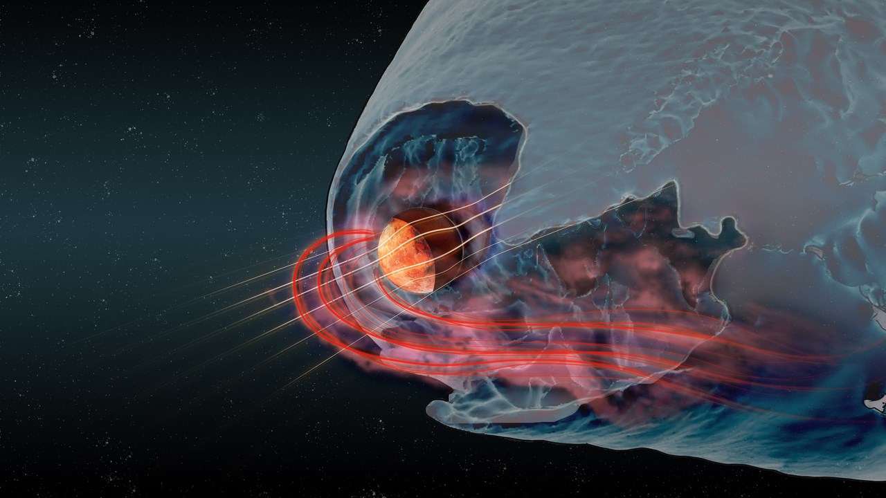 Illustration av hur planeten Mars samverkar med solvinden