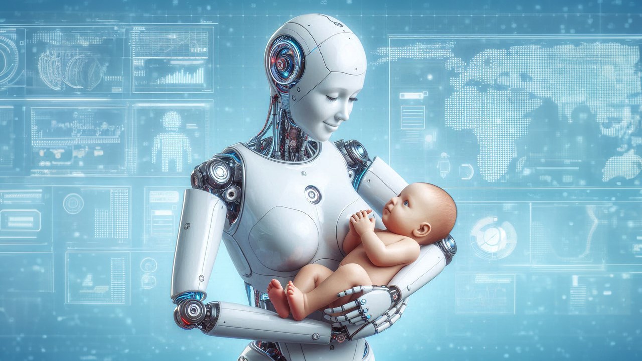 En robot som är kvinnligt kodad håller i en bebis. AI-genererad.