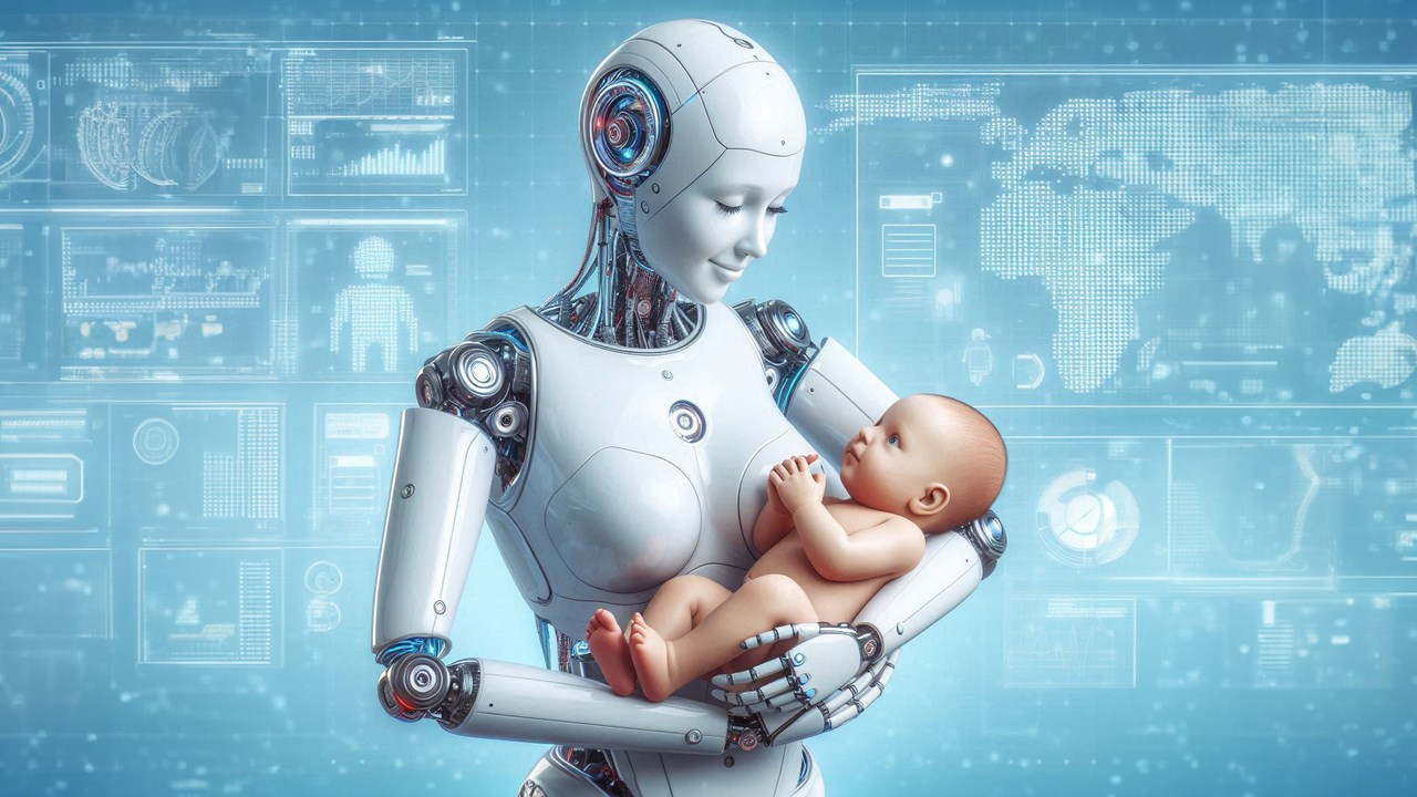 En robot som är kvinnligt kodad håller i en bebis. AI-genererad.