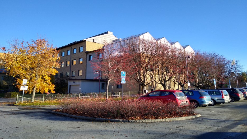 Greenhouse on an orange building behind a car park in autumn