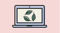 Illustrerad laptop med cirkel av löv på skärmen.