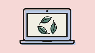 Illustrerad laptop med cirkel av löv på skärmen.