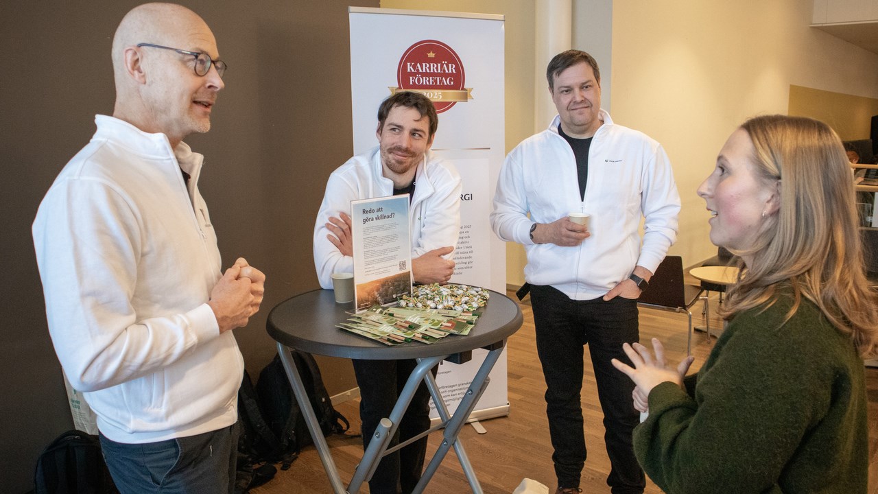 Bild på civilingenjörsstudenten Tilde Engberg i samspråk med Anders Björklund, Johan Smed och André Steegmans vid Umeå Energi.