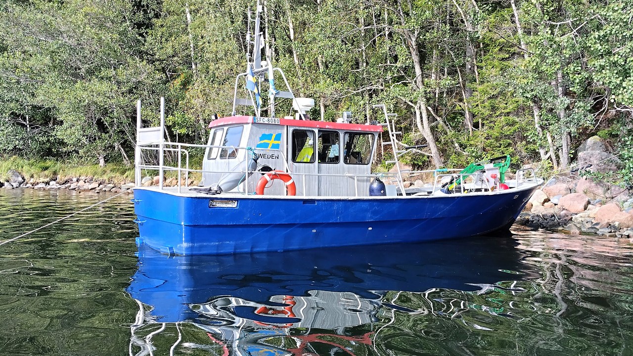 En tio meter lång båt med blått skrov ligger ankrad vid en stenig strand.