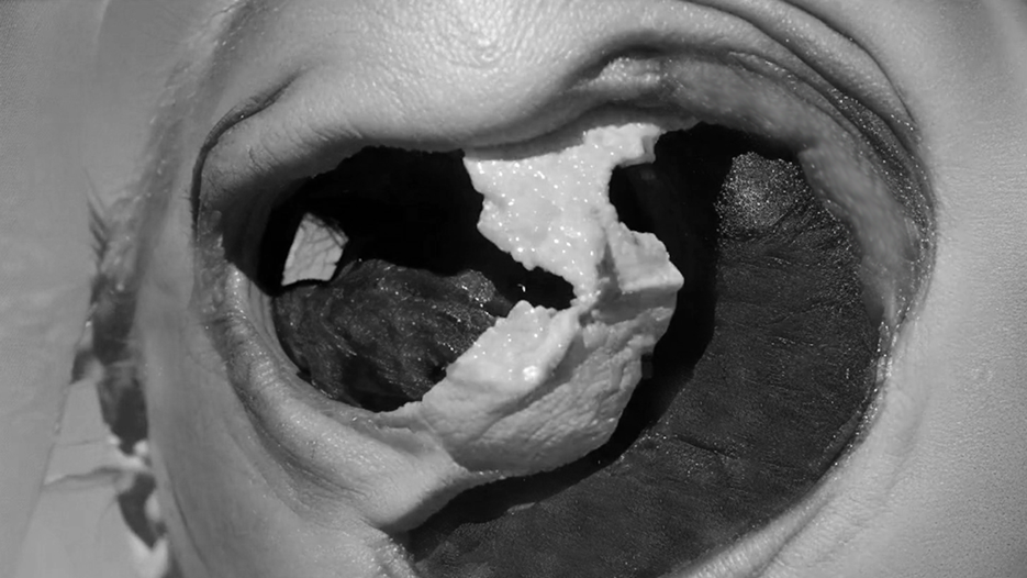 A black and white AI generated image of a destorted man's mouth