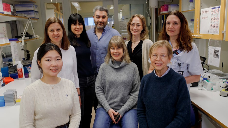 Gruppbild i labbet på några av dem som arbetar med ALS-forskning. Från vänster: Hayoung Lee, Eva Jonsson, Isil Keskin, Arvin Behzadi, Ulrika Nordström, Angelica Nordin, Helena Alstermark och Karin Forsberg.