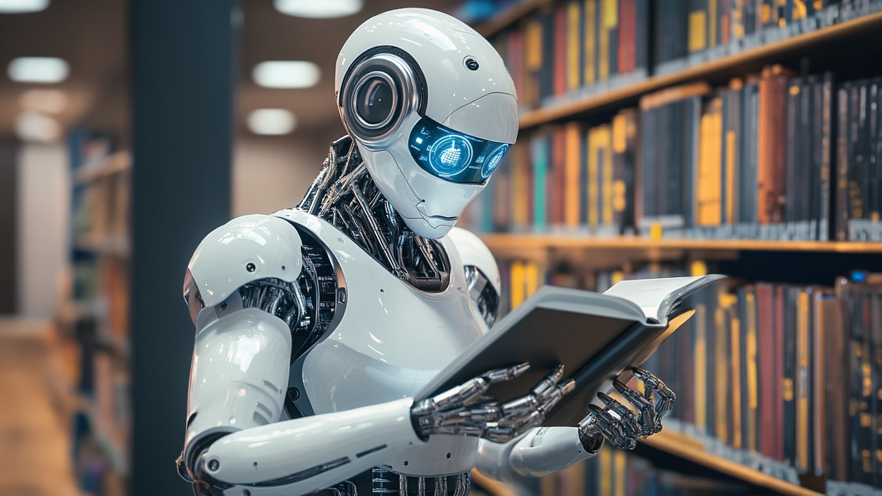 Robot som läser i ett bibliotek