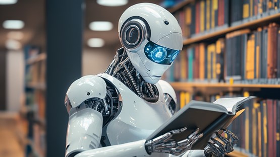 Robot som läser i ett bibliotek