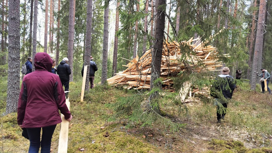 Människor i skogen som bär på död ved till en stor hög med trä.