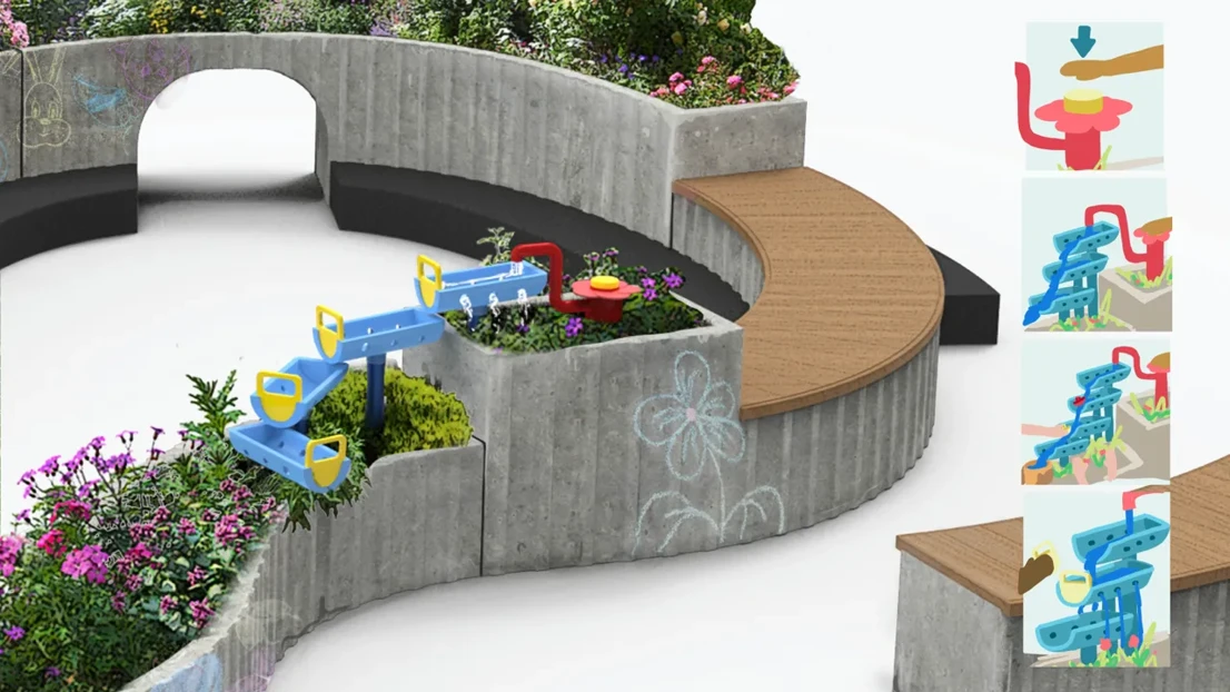The water feature is designed to encourage interaction. By working together, they can water plants, but it also offers creativity and playfulness