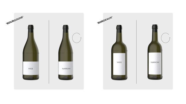 The elliptical shape of the bottle allows for different silhouettes, depending on where the label is placed
