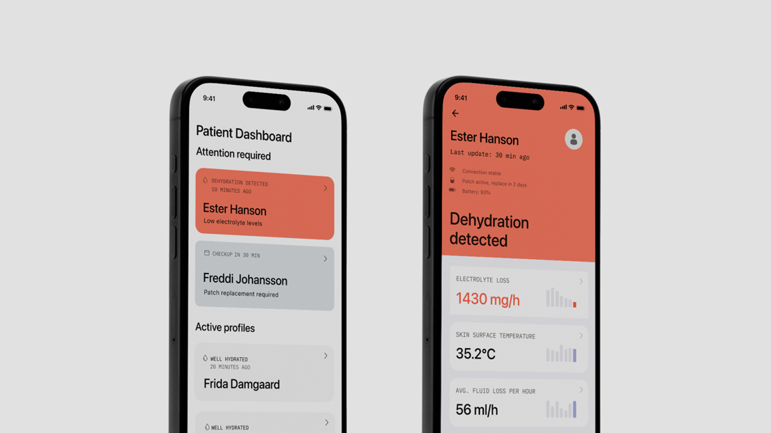 Caregivers use a separate app to monitor multiple patients and key health data, like electrolyte levels. This data can connect to existing care documentation systems.