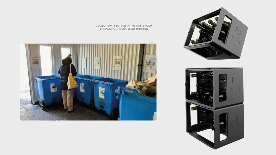 The crates are designed to be stackable two ways: one for transportation and one for collection