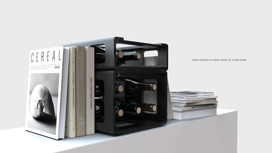 The customer can build a wine shelf by stacking the crates