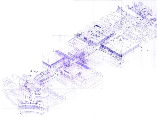 Studio 3 Collective drawing of Vasagatan in Umeå. The city as a laboratory : Fall term 2023. 