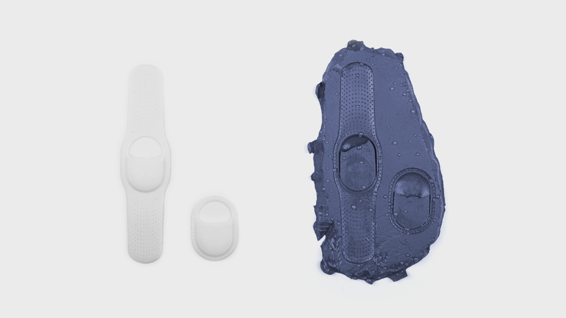 3D-printed positives of both patch designs were used to create the first silicone negative mold, which were used to produce the initial flexible silicone prototypes.
