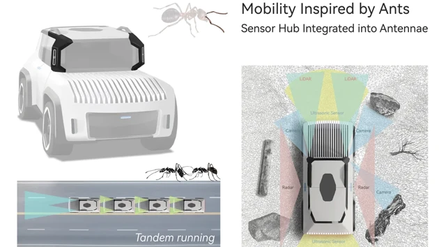 My inspiration came from ant communities. Their antennae help them sense their surroundings. Integrating the sensors into a distinct, identifiable unit gives the vehicle an ant-like appearance.