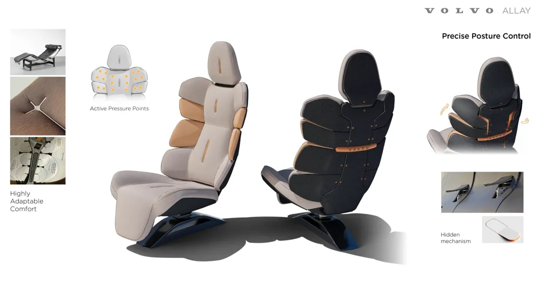 Allay is an adaptable car interior for people with chronic pain, offering intuitive features for comfort and ease, inspired by the TWA terminal at JFK airport.