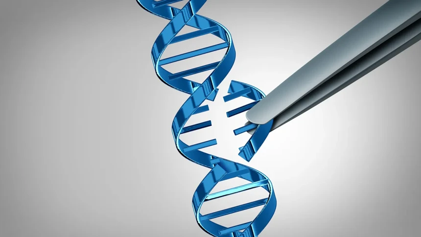 CRISPR-tekniken illustrerad med pincett som plockar ur sekvens från DNA-spiral.