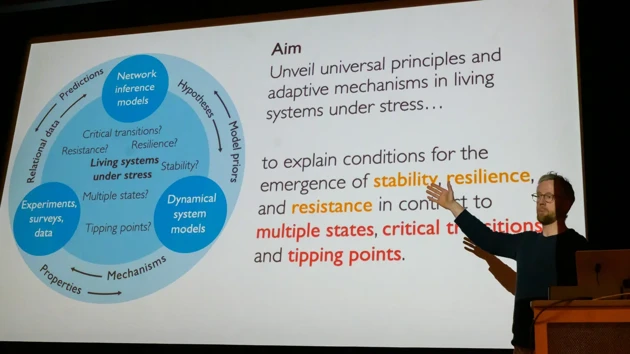 Martin Rosvall stands to the side of a large screen on which a slide is shown with images and text describing stress response modeling at IceLab