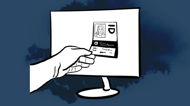 A hand is reaching into a screen to grab an identity card.