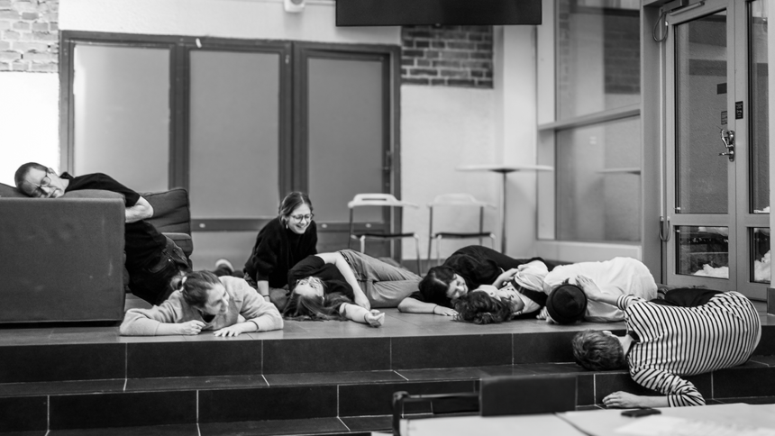 Associate Professor, Brendon Clark and his students during a improv session in the main atrium at Umeå Institute of Design.