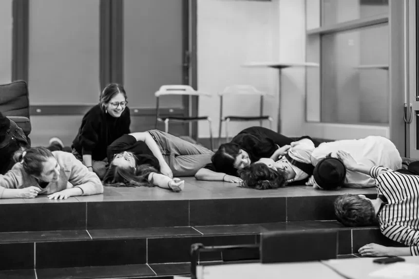 Associate Professor Brendon Clark and his students during a improv session in the main atrium at Umeå Institute of Design.