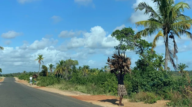 Kvinnor går på landsväg i Mocambique.