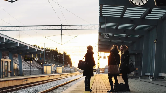 Three silhouettes on a train platform in the bright summer night.