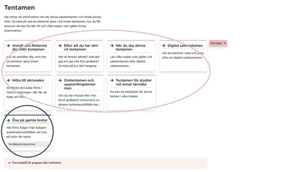 En webbsida med rutor som länkar vidare till undersida. En rosa markering ringar in den information som är gemensam för alla studenter. En blå markering ringar in information som gäller en specifik utbildning.  