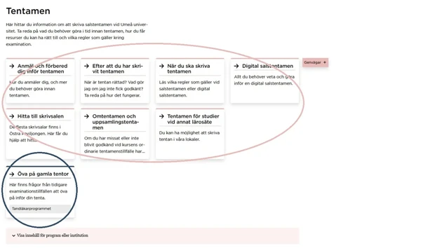 A web page with boxes linking to a subpage. A pink circle marks the information shared by all students. A blue circle marks the information applicable to a specific course or programme.