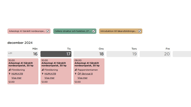 Schedule view with weekdays and dates in grey at the top and three activities visible as pink boxes with descriptive text.