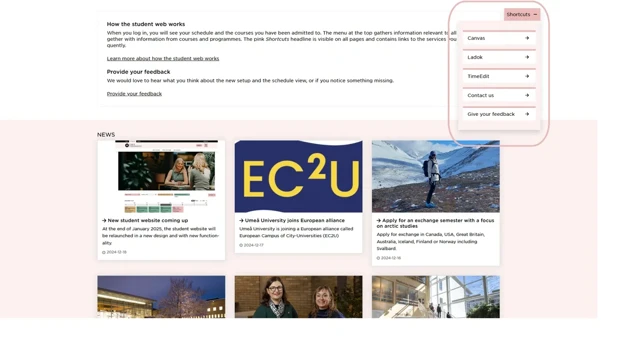 A web page on the student web, where the "Shortcuts" function is marked by a pink rectangle.