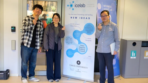 Three people stand and hold their fingers together around a banner advertising IceLab