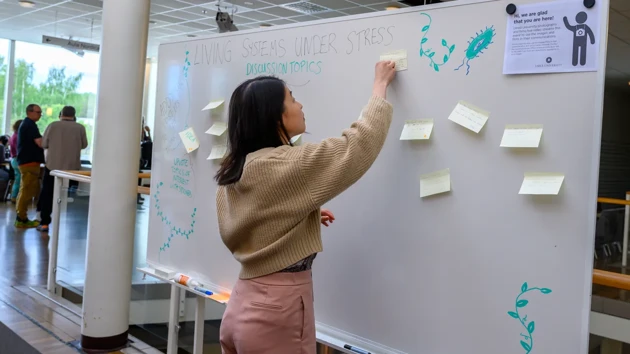 Yun-Ting Jang adds a post-it to a whiteboard