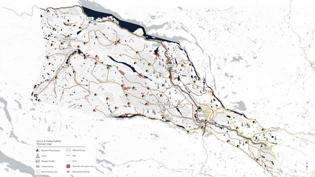Strategic map over Laevas and Gabna sameby in subarctic context showing existing barriers, animal migration routes and transformational changes